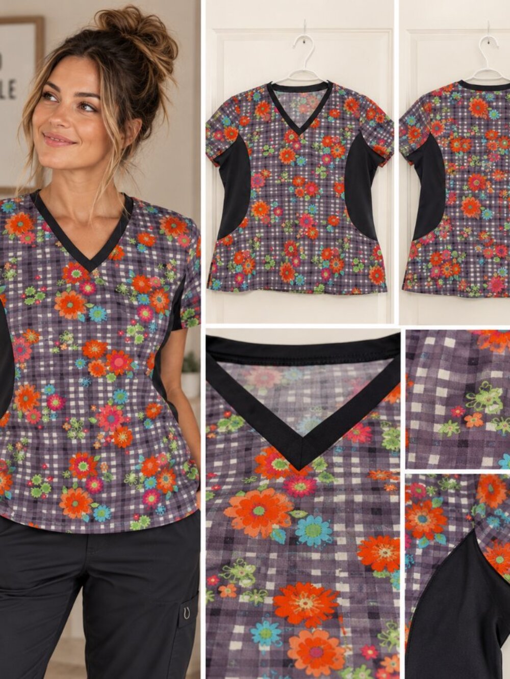674 - XL Retro Floral Plaid Scrub Top V Neck Colorful Y2K